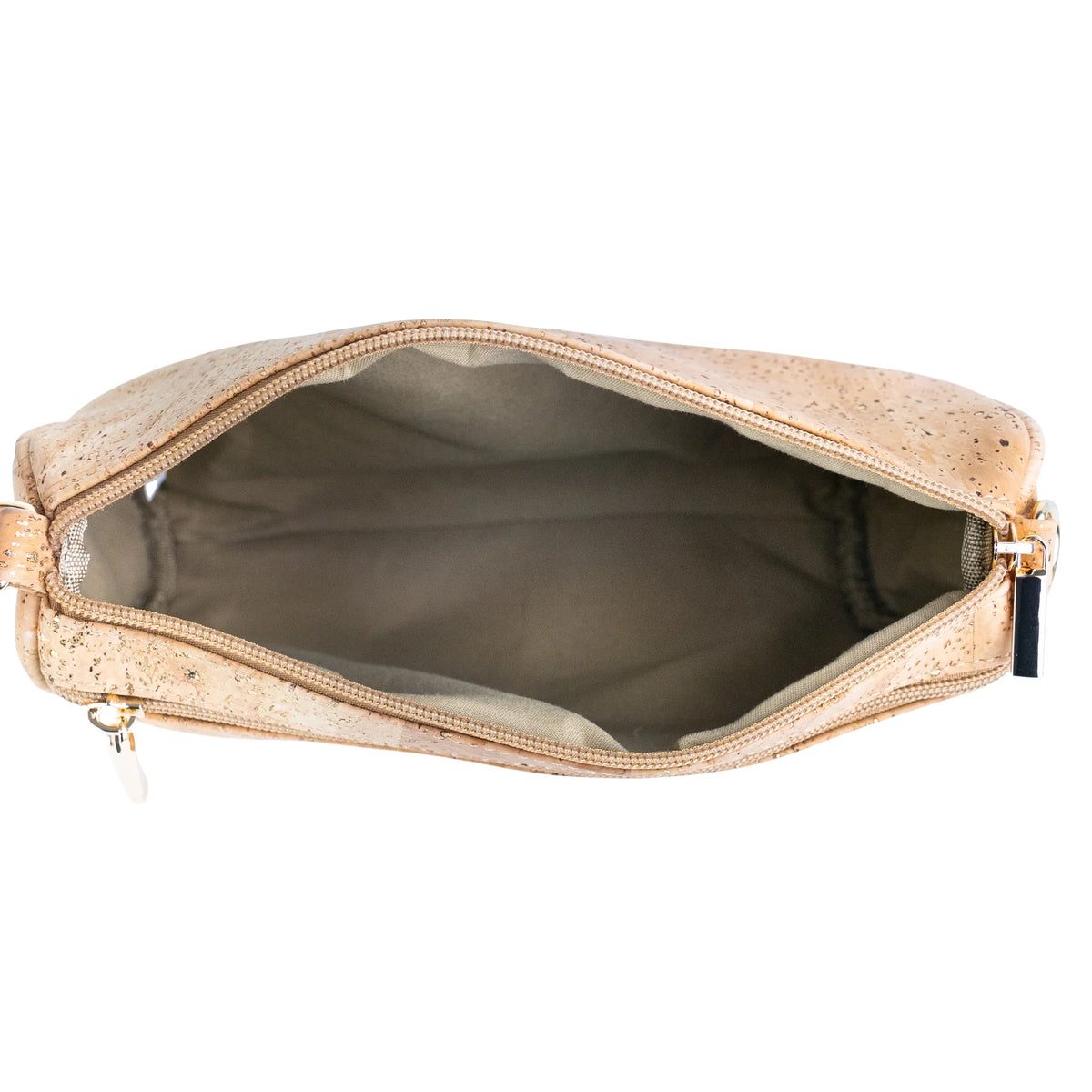Open main compartment of Palm Springs gold fleck cork crossbody bag