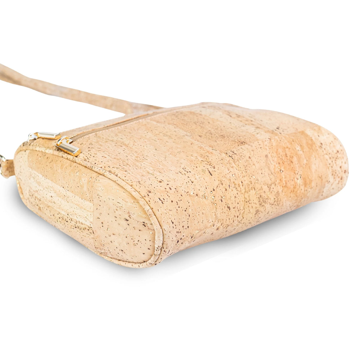 Side view of Palm Springs gold fleck cork crossbody showing slim profile
