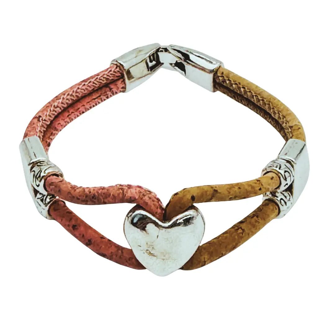 Cork bracelet with heart charm. Pink (left) and natural cork (right) cording.