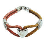 Cork bracelet with heart charm. Pink (left) and natural cork (right) cording.