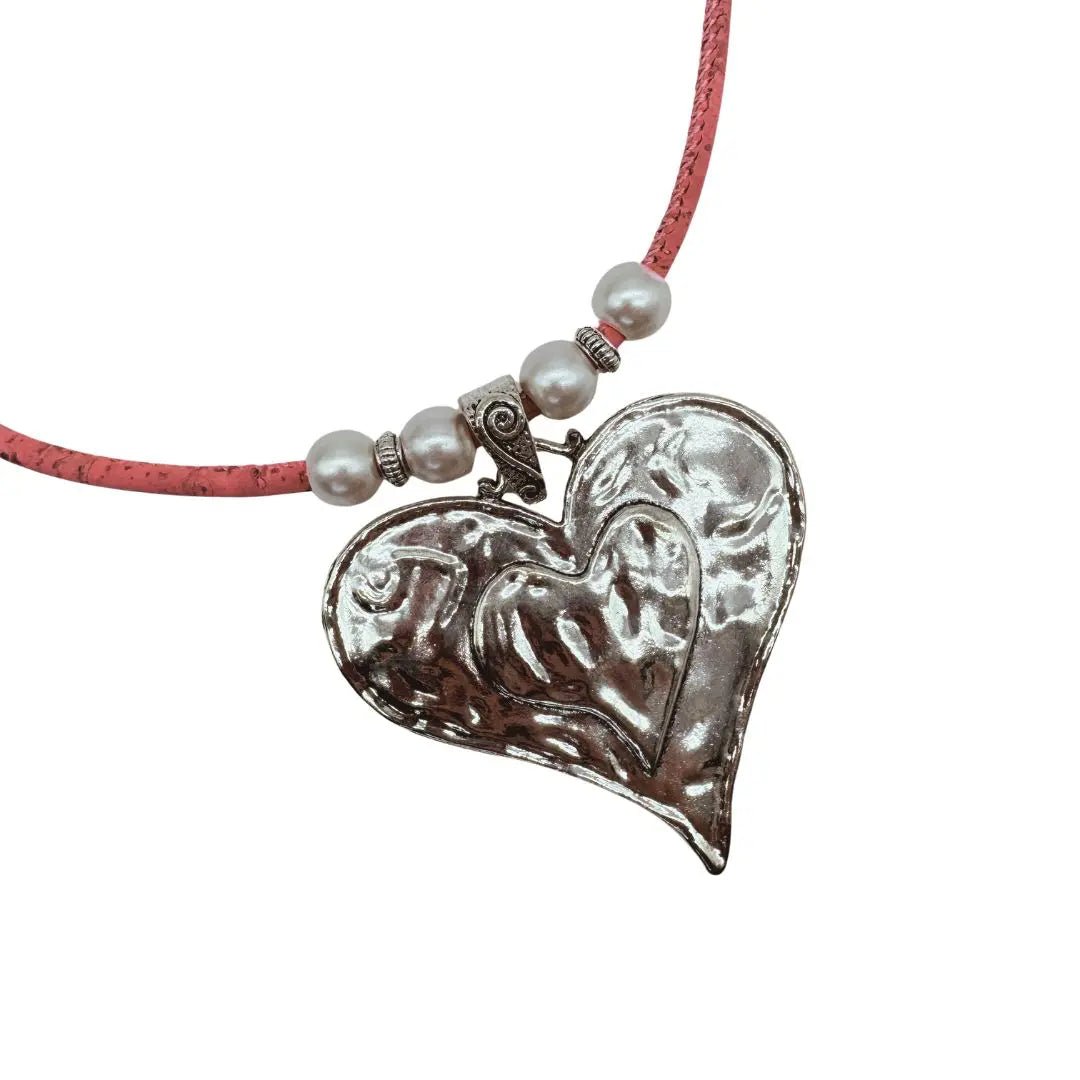 Cork Necklace with Large Silver Alloy Heart Pendant