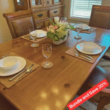 Placemats and coasters on a wooden table with place settings