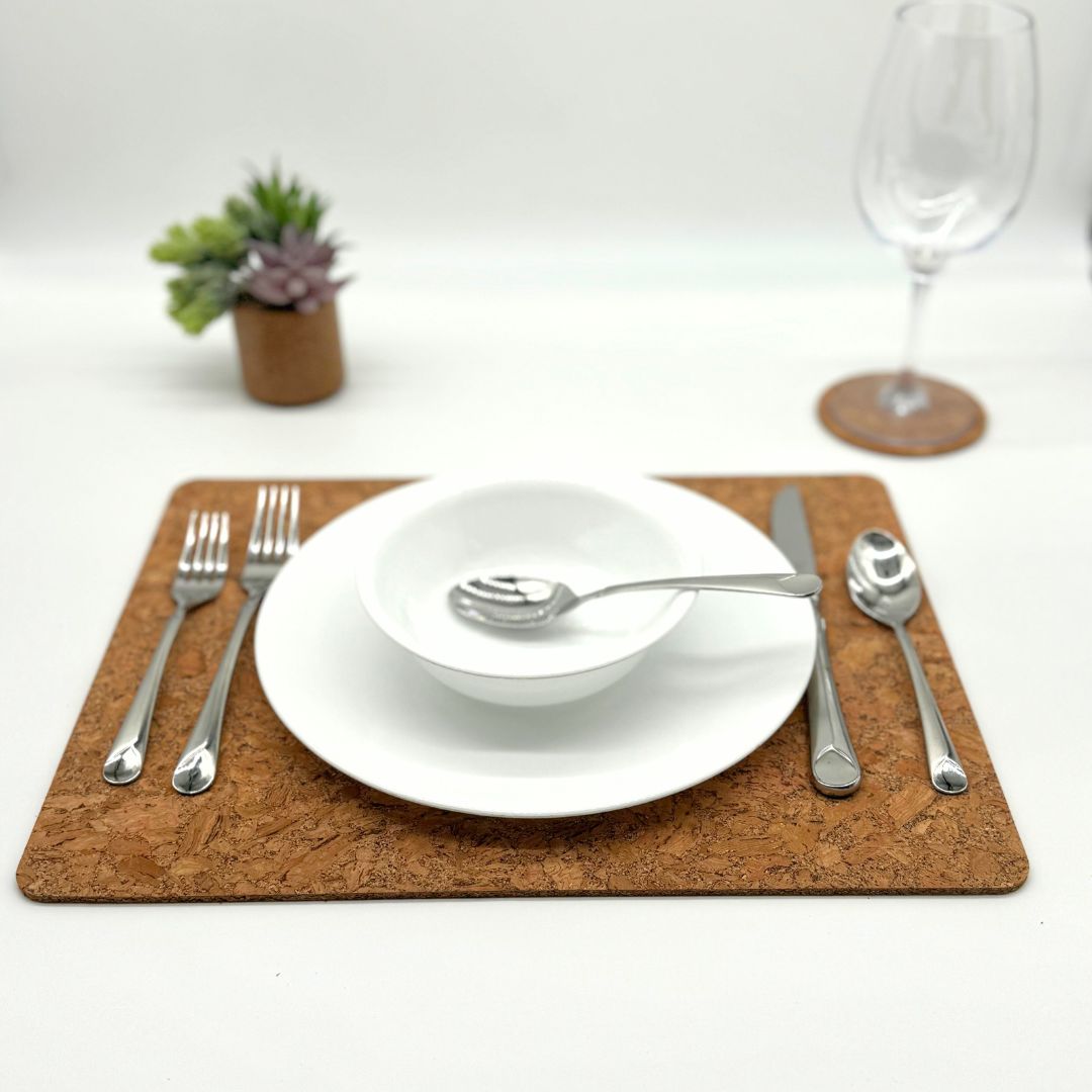 Place setting on chunky cork placemat by Texas Cork Company