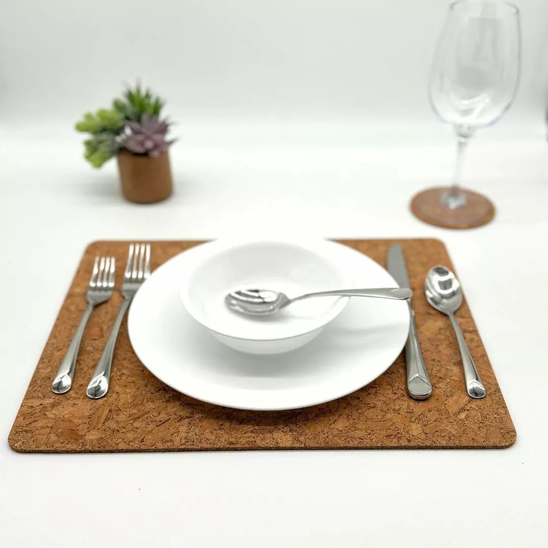 Place setting on chunky cork placemat 