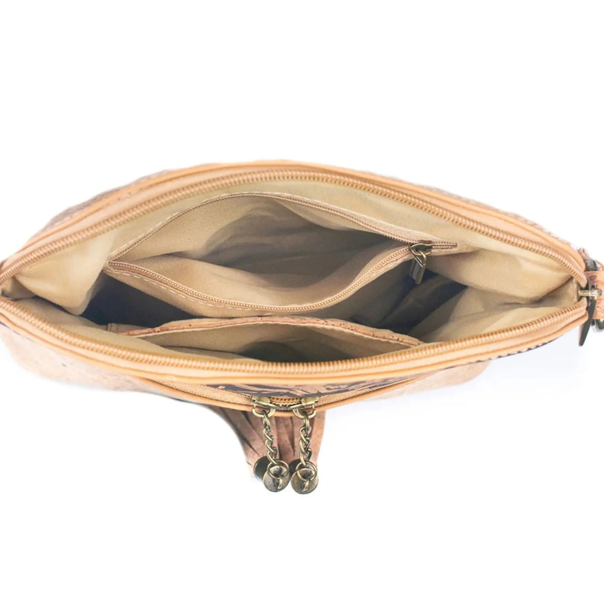 Portland Cork Crossbody interior organization - one zip pocket, one slip pocket
