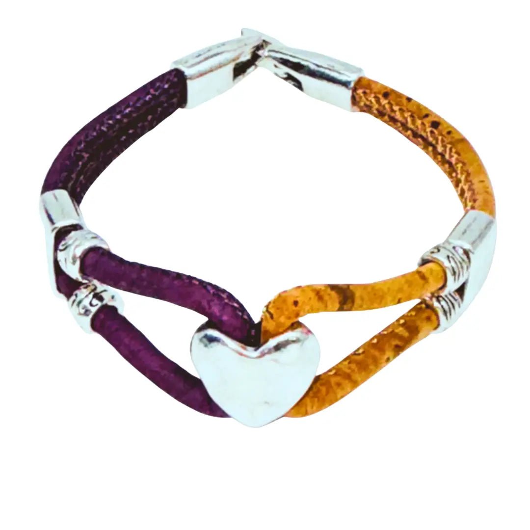 Cork bracelet with heart charm. Purple (left) and natural cork (right) cording.
