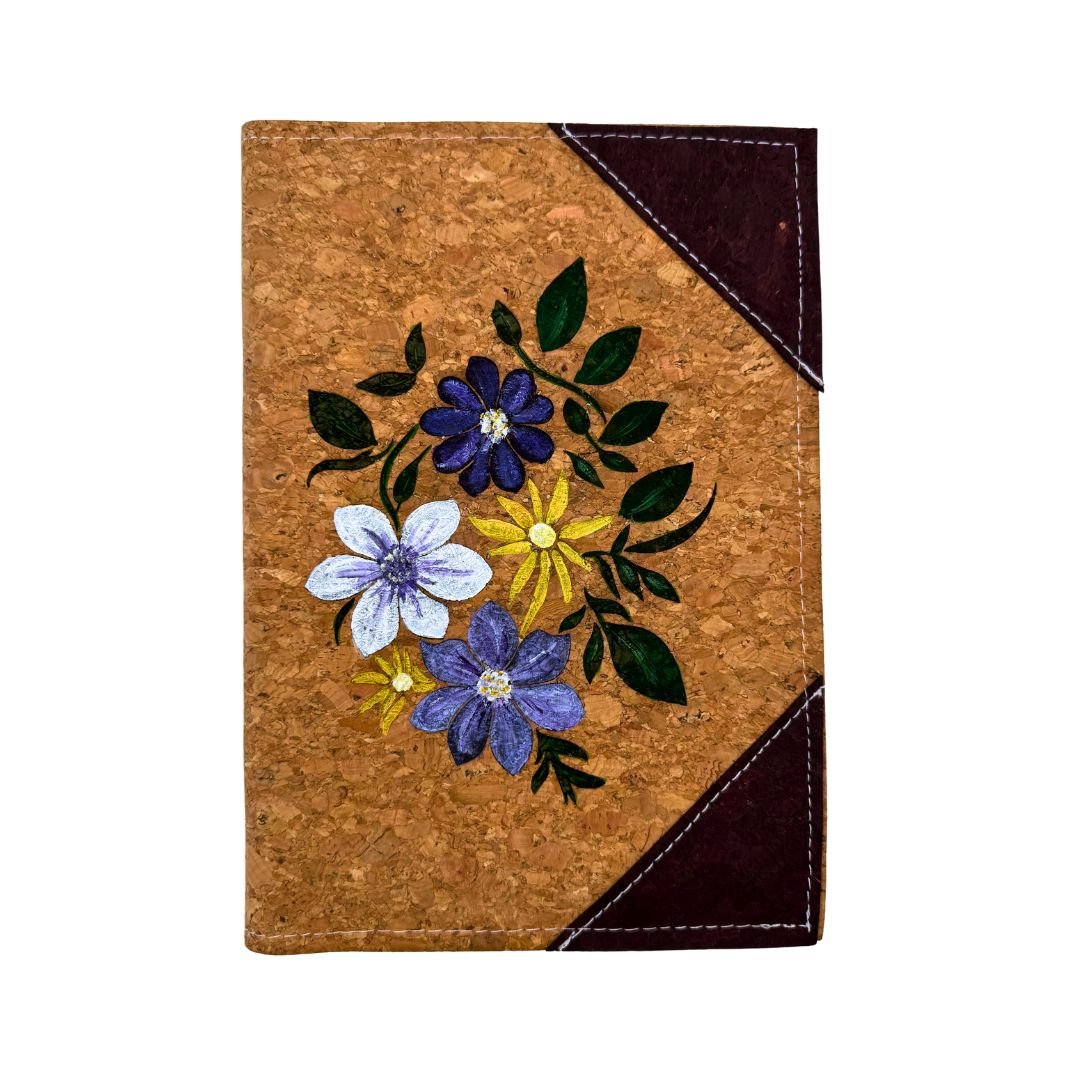 Hand-Painted Cork Leather Notebook Cover with Refillable Notepad - Floral Bouquet - Purple, Lavender, Yellow