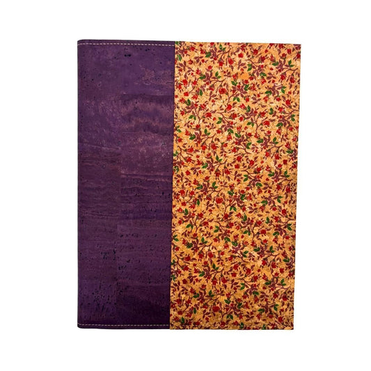 Spiral notebook cover in purple with red and purple floral right border from Texas Cork Company.