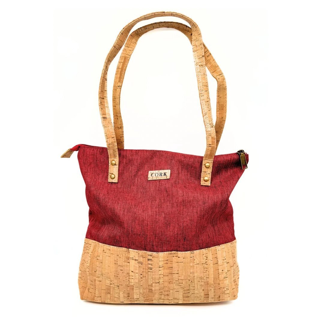 Cork and Fabric Purse Tote -Red with rustic cork bottom front view