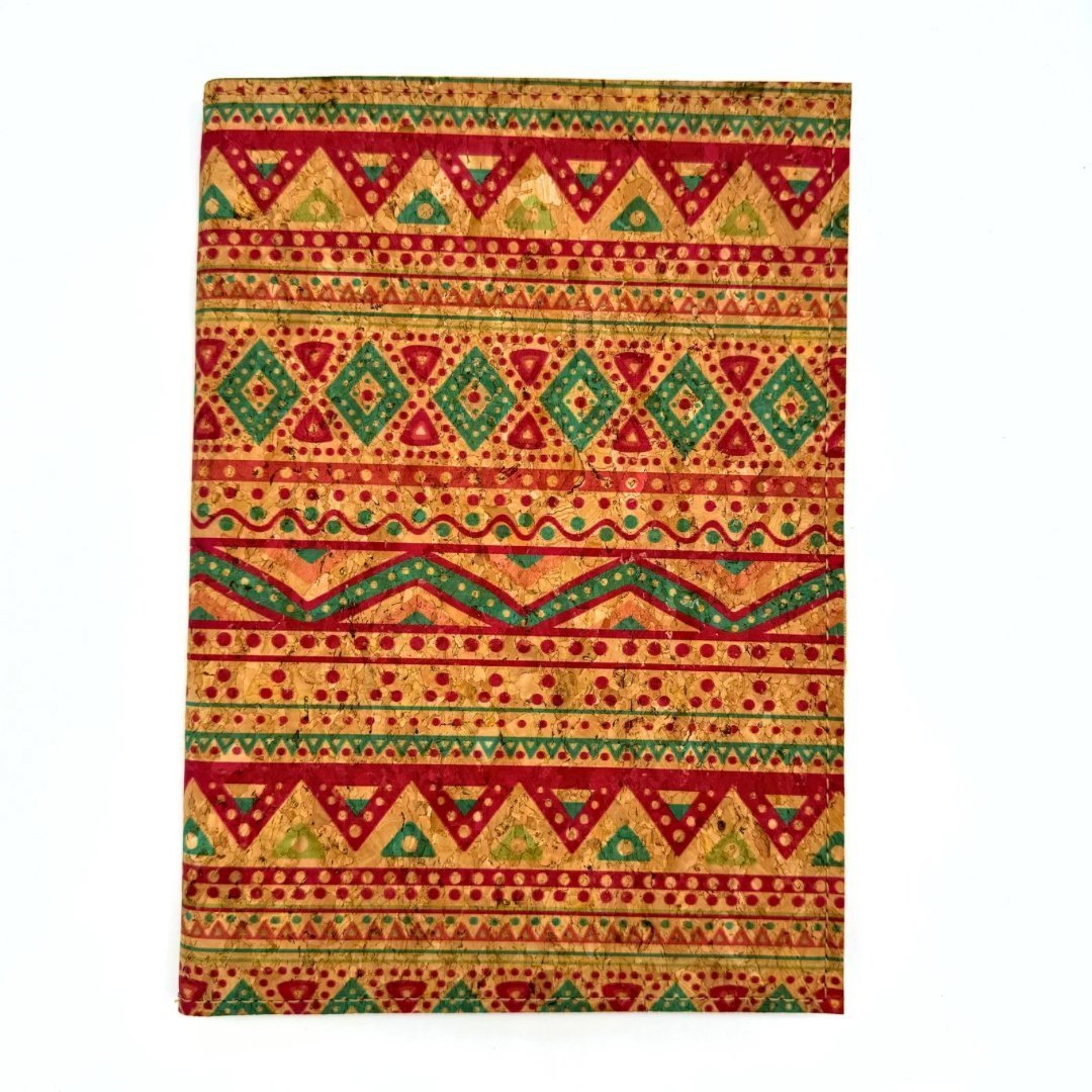 Front view of Red & Green Tribal Small Refillable Notepad Cover by Texas Cork Company