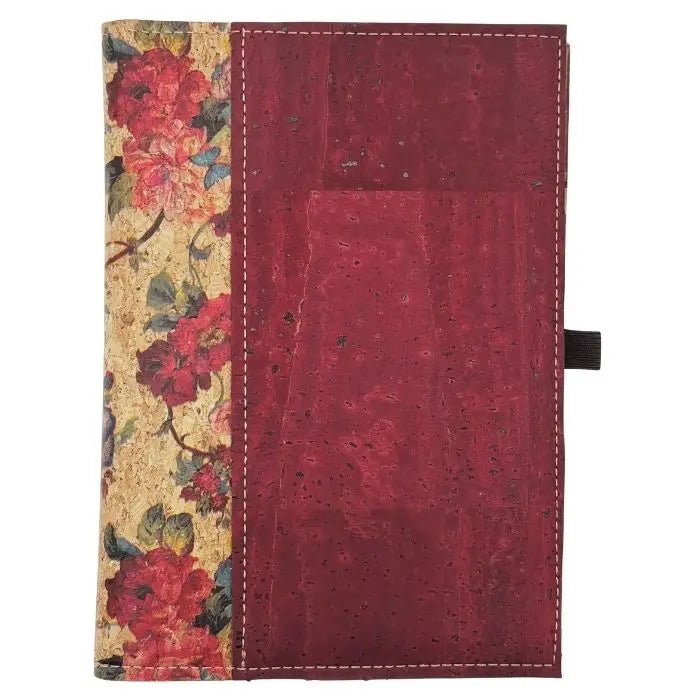 Cork Leather Notebook Cover - Small Refillable Notebook - Roses with burgundy front border.