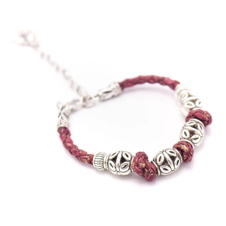 Side of Maroon Braided Cork Bracelet with Antiqued Silver Beads from Texas Cork Company