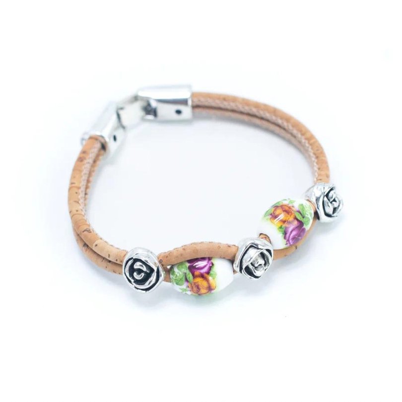 Side view of rose beaded cork bracelet from Texas Cork Company.