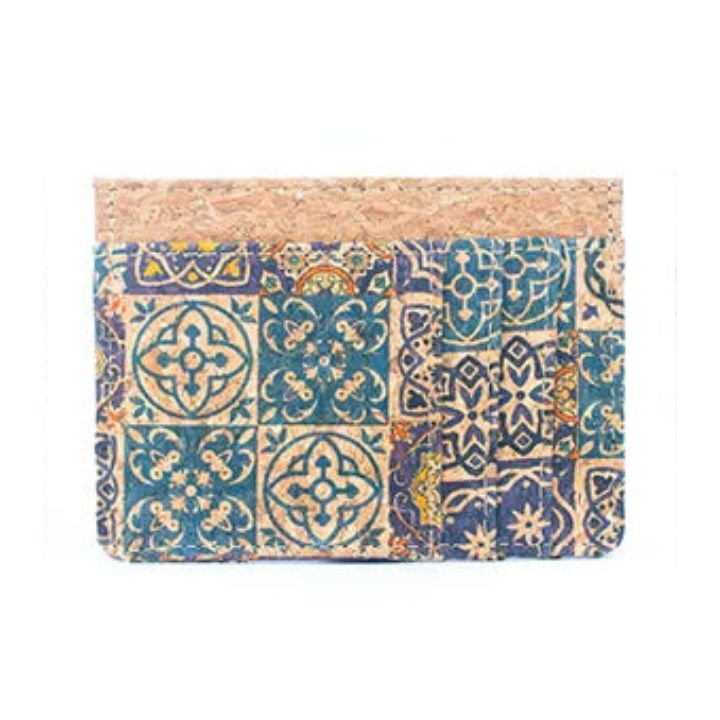 Front view of Blue Tiles Slim Cork Card Case - Texas Cork Company