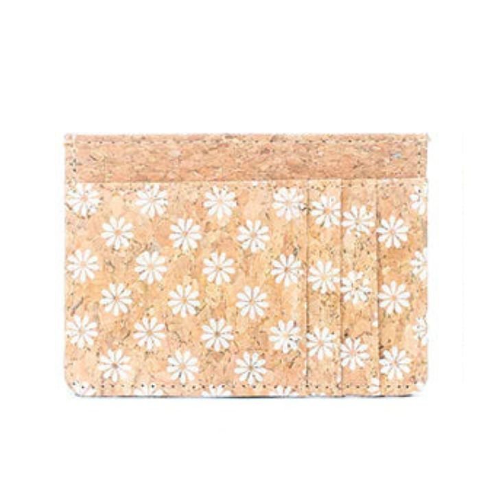 Front view Slim Cork Card Case with white daisies -BAGD-232-A - Texas Cork Company