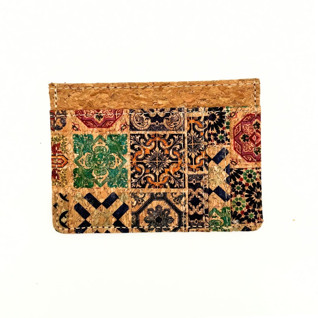 Front view of muted mosaic Slim Cork Card Case - Texas Cork Company