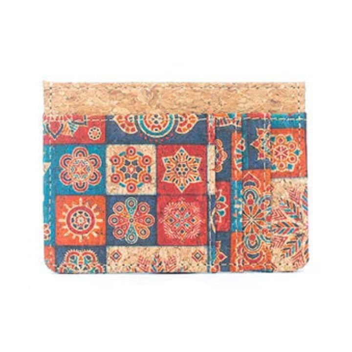 Front view of Red & Blue Squares Slim Cork Card Case - Texas Cork Company