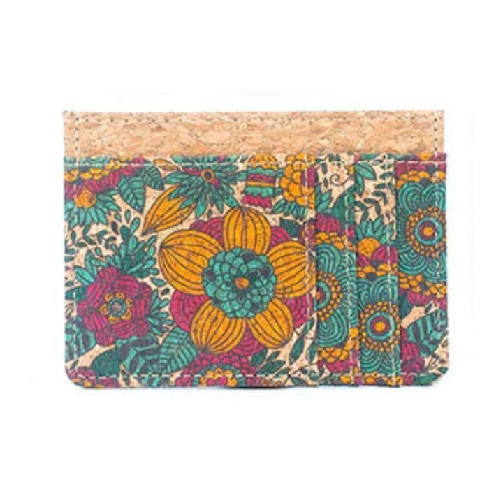 Front view of Turquoise & Gold Floral Slim Cork Card Case from Texas Cork Company