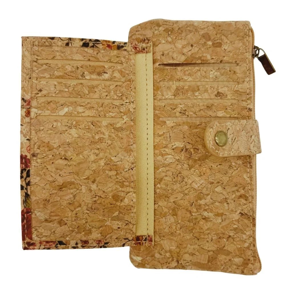 Shows 8 card slots and one larger pocket for money or receipts from Texas Cork Co