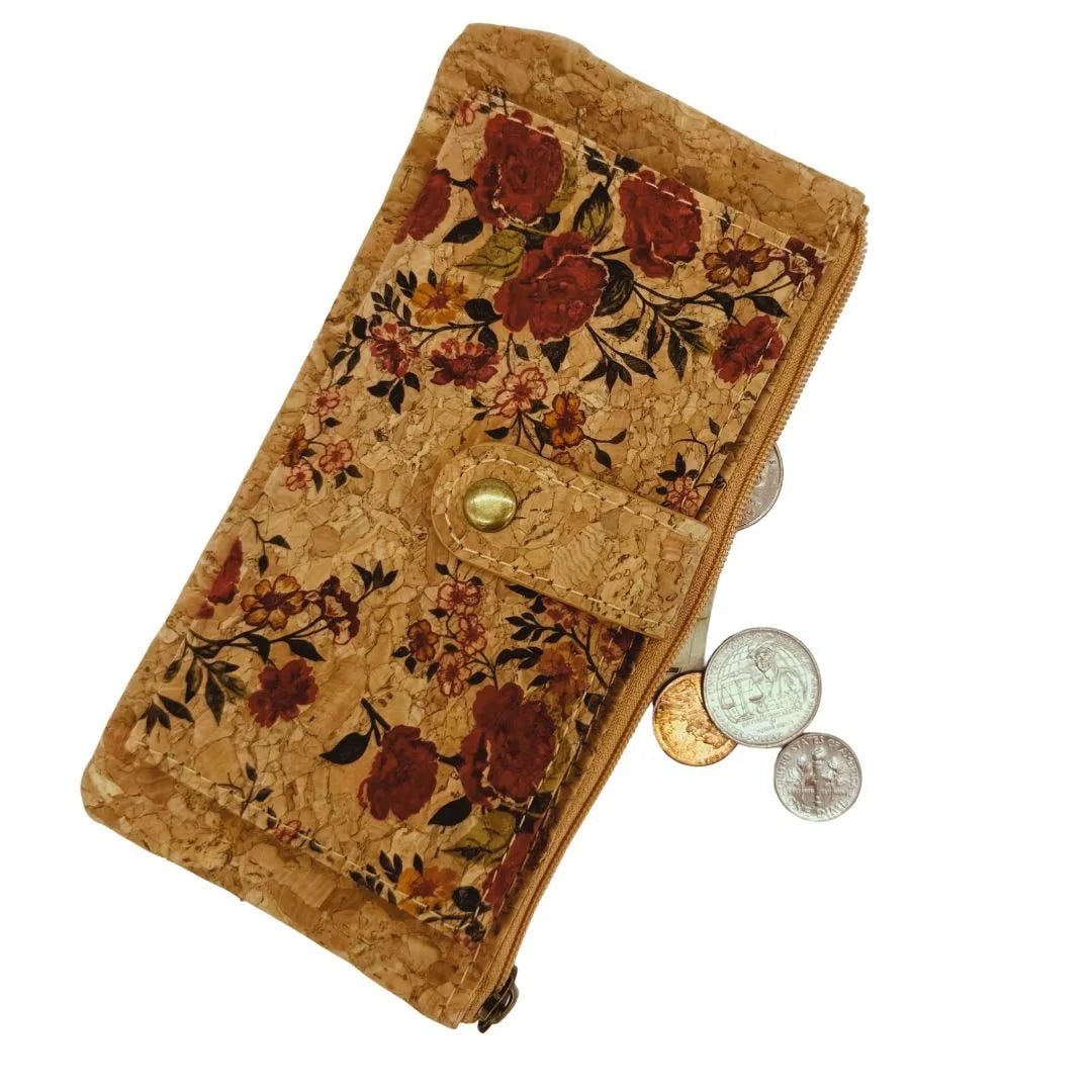 Slim cork card wallet with coins and money in zippered pocket from Texas Cork Co