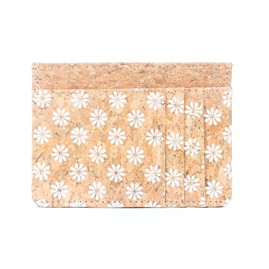 Front view Slim Cork Pocket Card Wallet Daisy pattern-BAGD-232-A - Texas Cork Company
