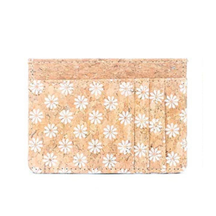 Front view Slim Cork Pocket Card Wallet with white daisies -BAGD-232-A - Texas Cork Company