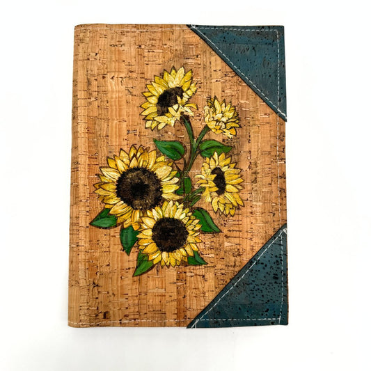 Hand-Painted Engraved Cork Leather Notebook Cover with Refillable Notepad - Small Sunflowers