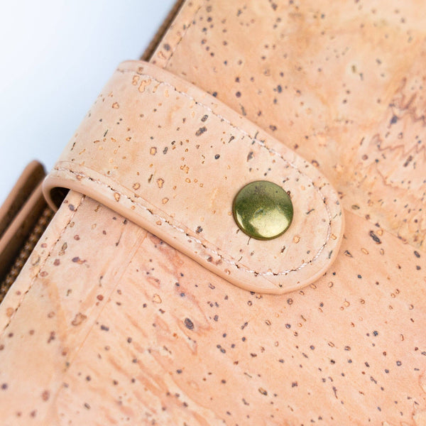 Snap closeup on natural chic cork wallet snap closure from Texas Cork Company