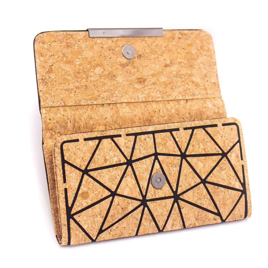 Snap closure of Trifold Geometric Cork Wallet for Women from Texas Cork Company