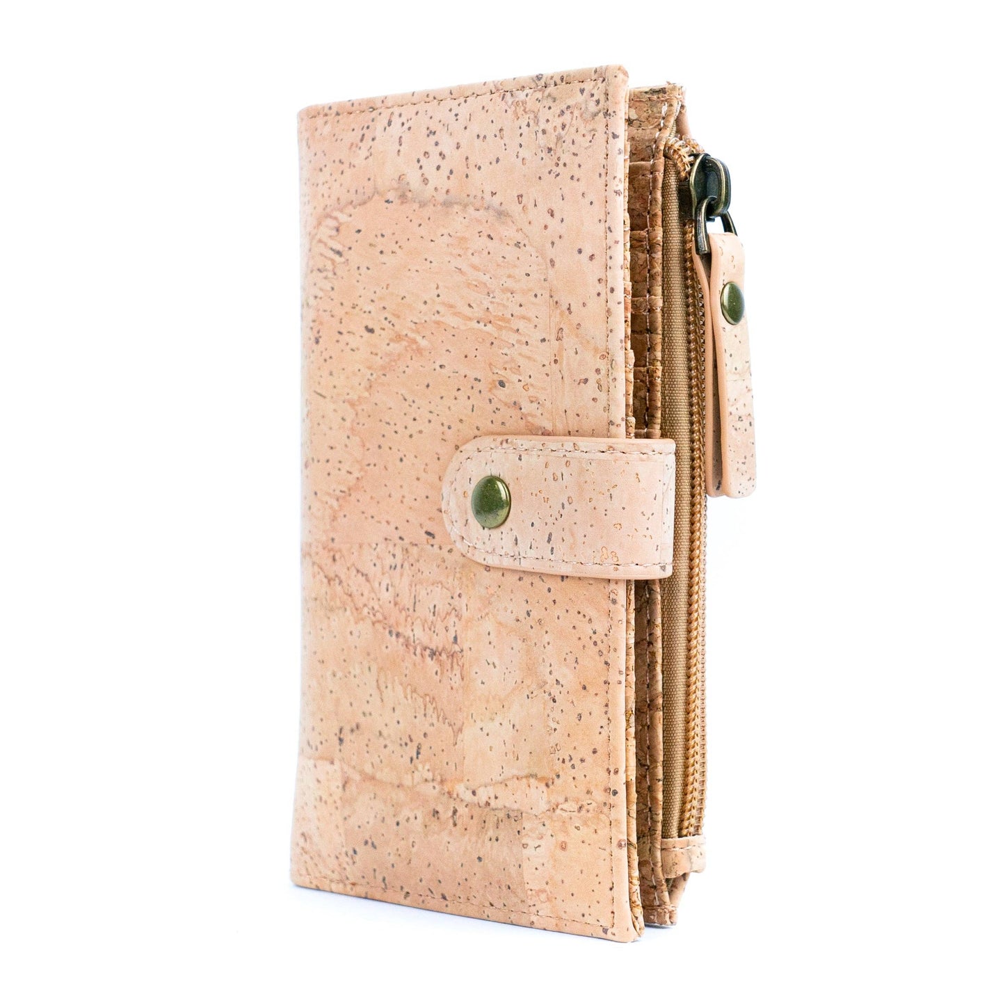 Side of natural chic cork wallet with snap closure from Texas Cork Company