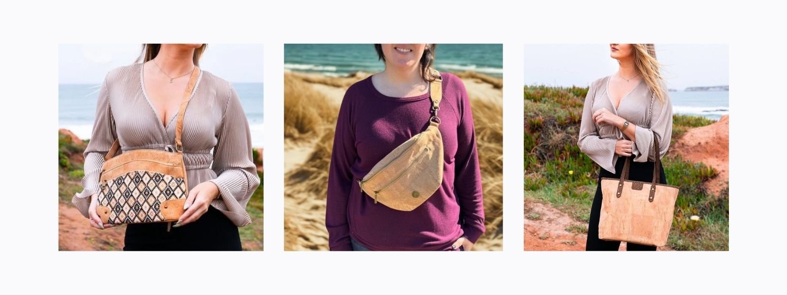 Three people holding different bags by a body of water.