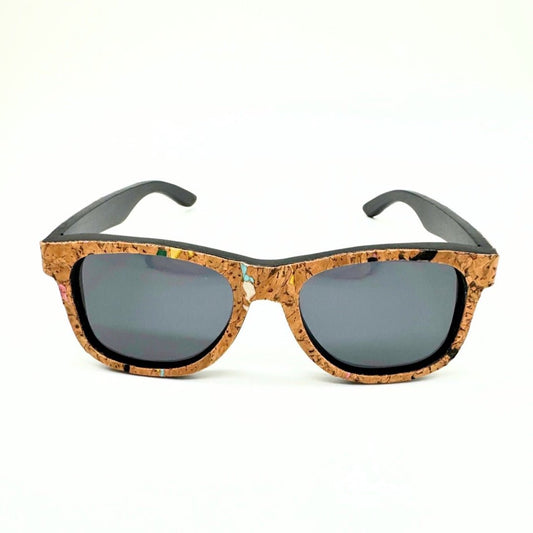 Stained floating cork and bamboo sunglasses with black lenses and confetti cork by Texas Cork Company