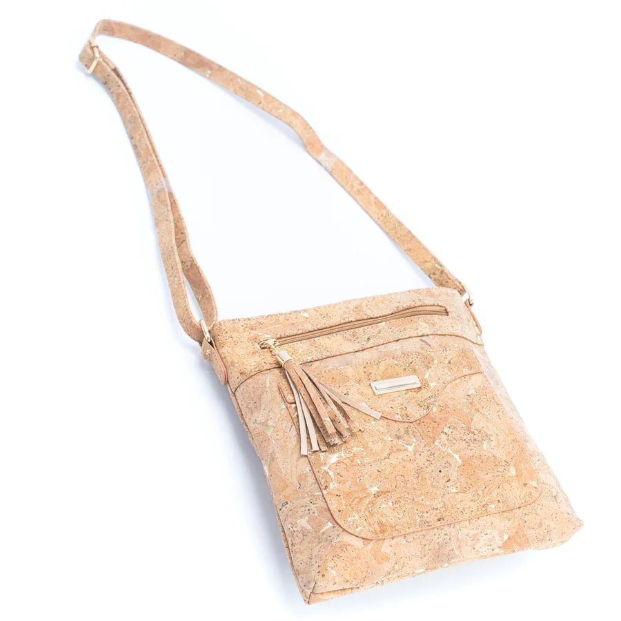 View of strap and zipper tassle on Crossbody bag with front slip pocket from Texas Cork Company