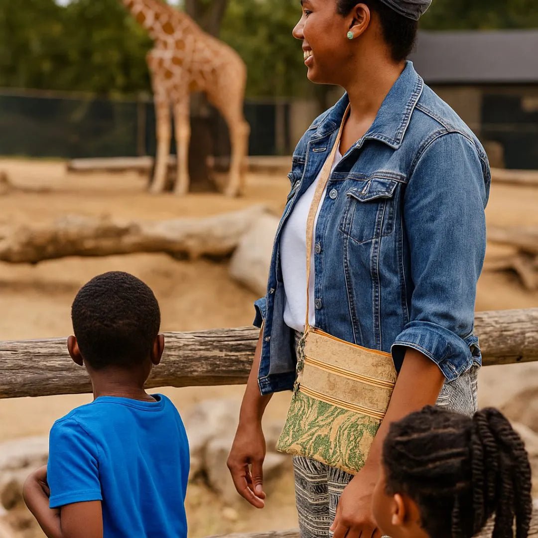 Woman l wearing a Green Summerville Cork Bag Crossbody with her two children observing a giraffe at a zoo