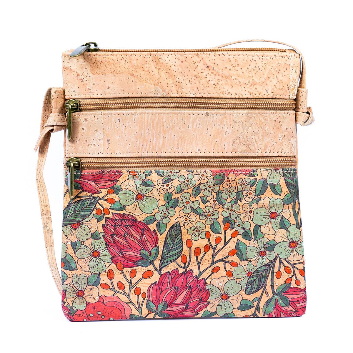 Front of the Summerville Cork Crossbody bag in Cone Flowers on a white background.