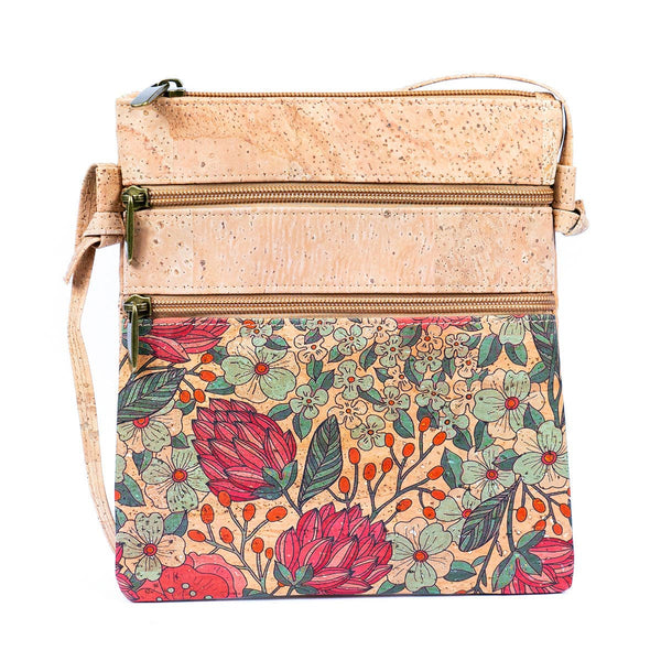 Front of the Summerville Cork Crossbody bag in Cone Flowers on a white background.