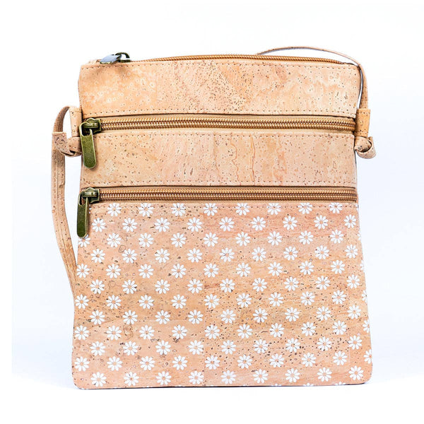 Front of the Summerville Cork Crossbody bag in Diasies on a white background.