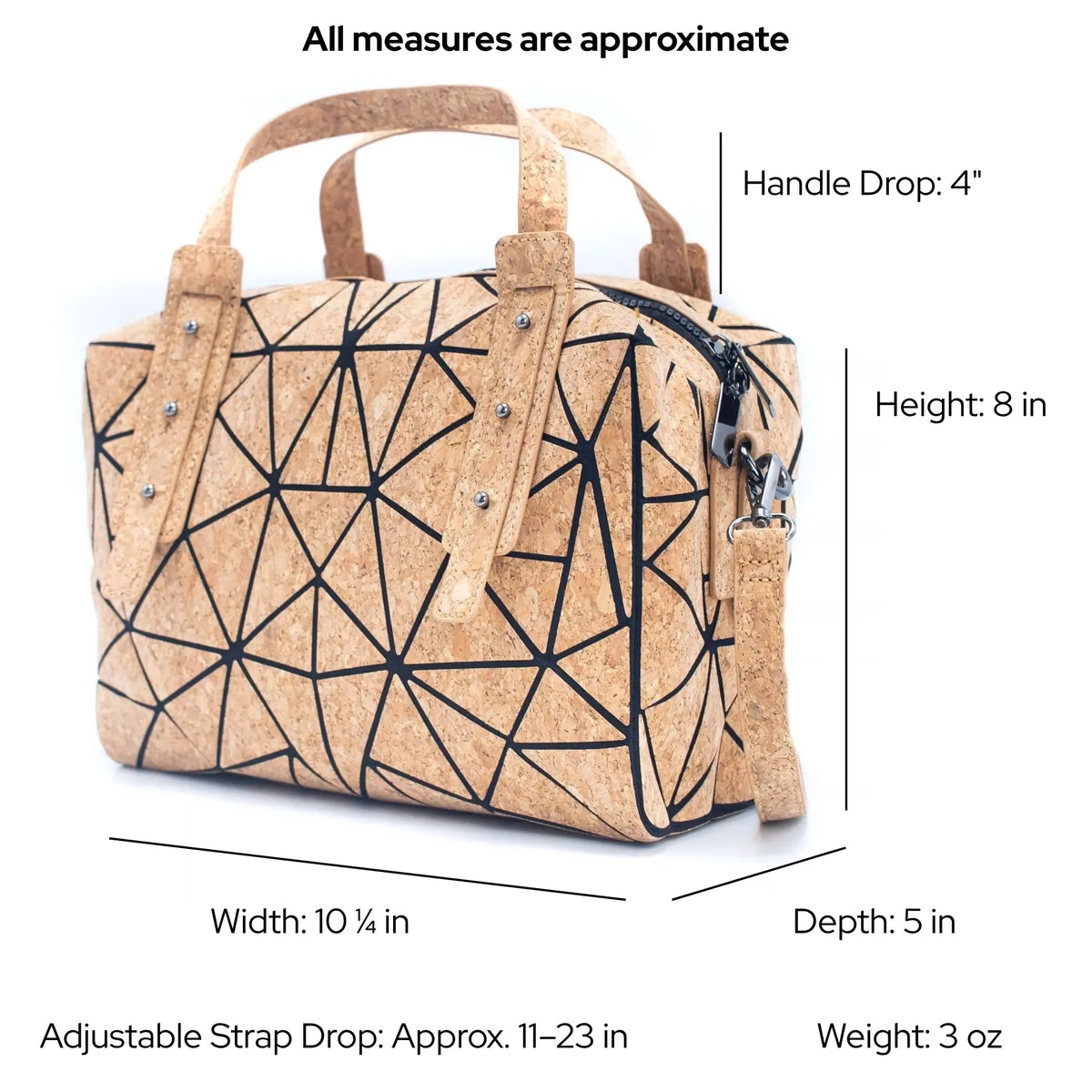 Dimensions and weight of the Taos Geometric Cork handbag on a white  background