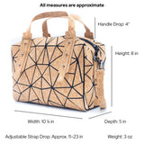 Dimensions and weight of the Taos Geometric Cork handbag on a white  background
