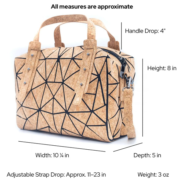 Dimensions and weight of the Taos Geometric Cork handbag on a white  background