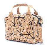 Taos Cork handbag back and side with geometric pattern on a white background