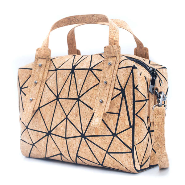 Taos Cork handbag back and side with geometric pattern on a white background
