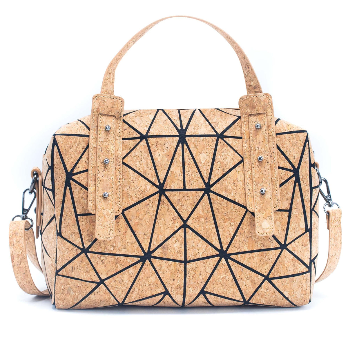 Taos geometric cork handbag with short handles and removable shoulder strap