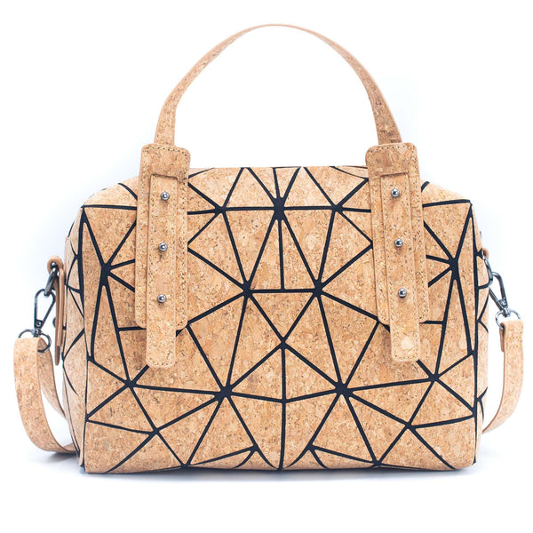 Taos geometric cork handbag with short handles and removable shoulder strap