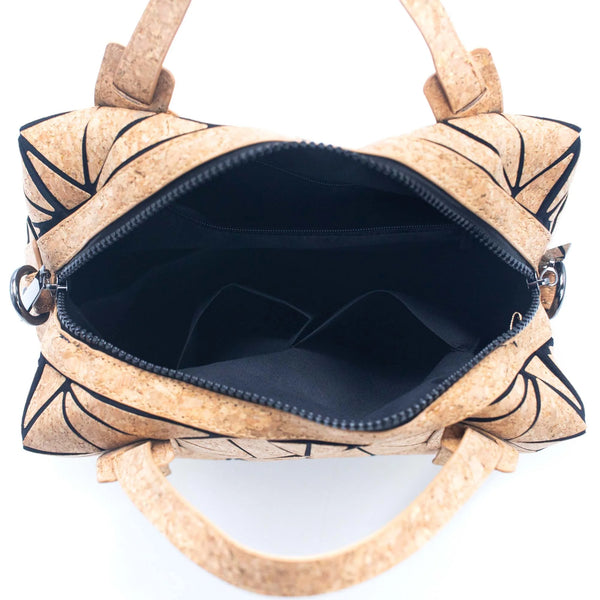 Interior of Taos cork handbag with two slip pockets and zippered pocket.