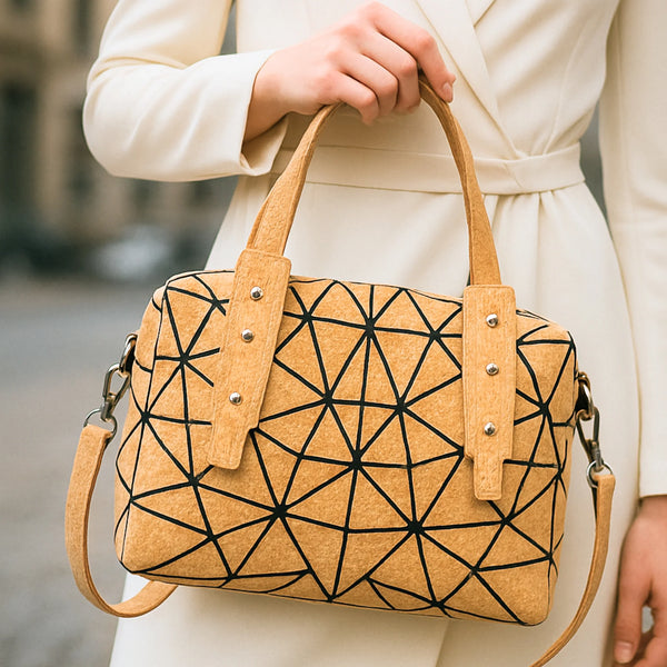 Taos cork handbag with black geometric pattern held by a person wearing a white coat.