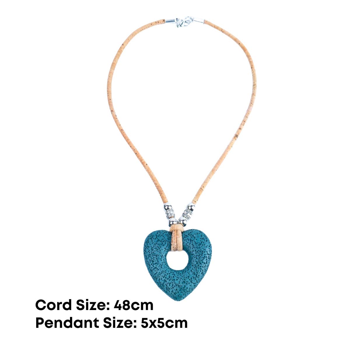 Dimensions of Teal Heart Volcanic Stone Pendant Cork Necklace from Texas Cork Company