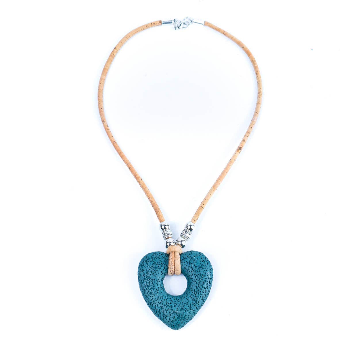 Teal Heart Volcanic Stone Pendant Cork Necklace from Texas Cork Company