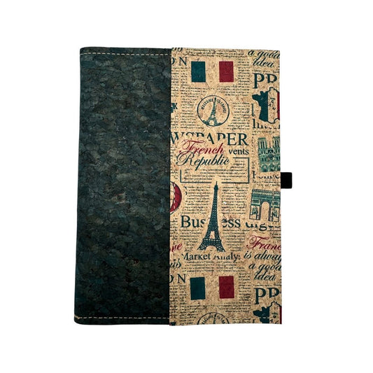 Cork Leather Notebook Cover - Small Refillable Notebook - Paris Paper front (teal)