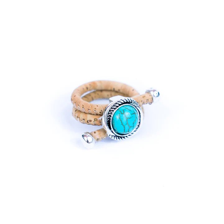 Side of Women's Adjustable Ring | Cork Cord with Turquoise and Silver Pendant  Texas Cork Company